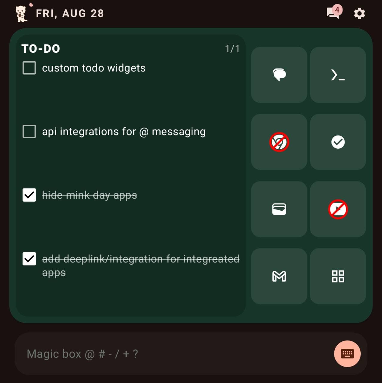 MinkLauncher Home showing red block reminders over paused shortcut apps