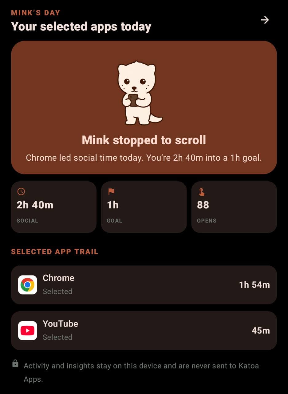 Mink’s Day showing selected app time, a daily goal, and the apps used today