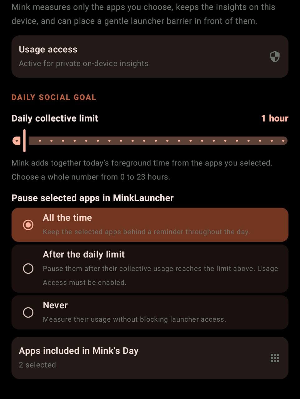 Mink’s Day settings for choosing a daily collective limit and when selected apps are paused