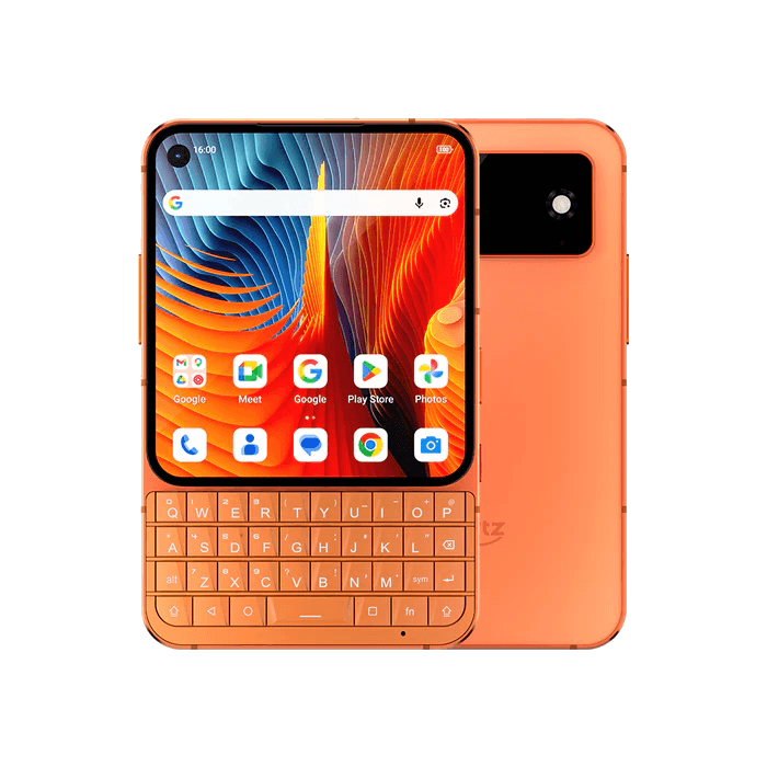 An orange QWERTY Android phone