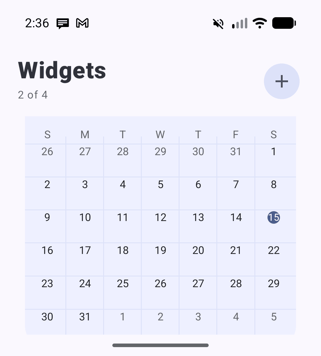 MinkLauncher widget page with Calendar month view